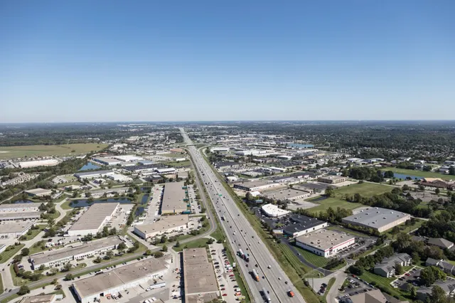 Aerial view of Interstate 69 and surrounding neighborhoods in Fishers, Indiana