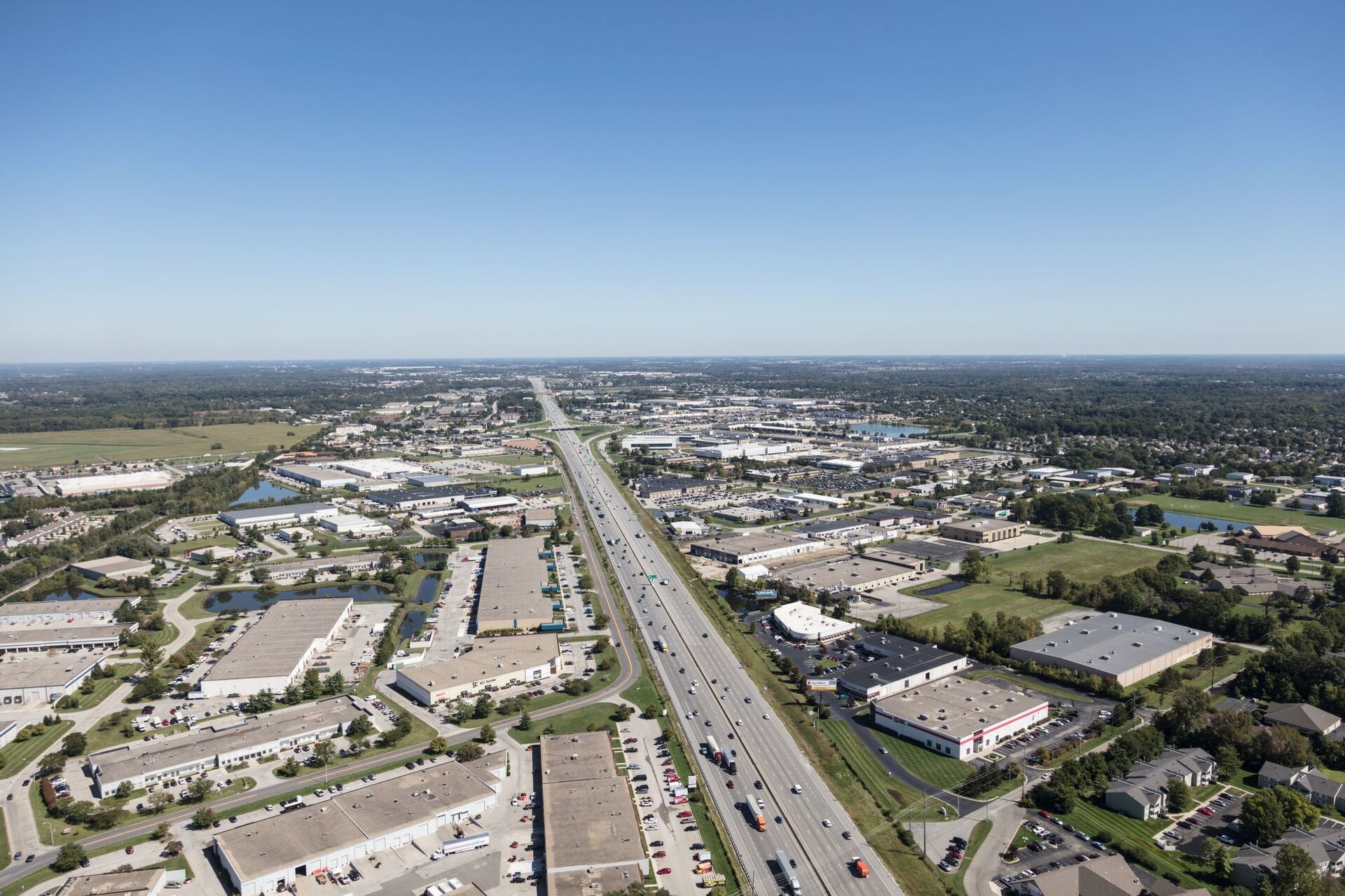 Aerial view of Interstate 69 and surrounding neighborhoods in Fishers, Indiana
