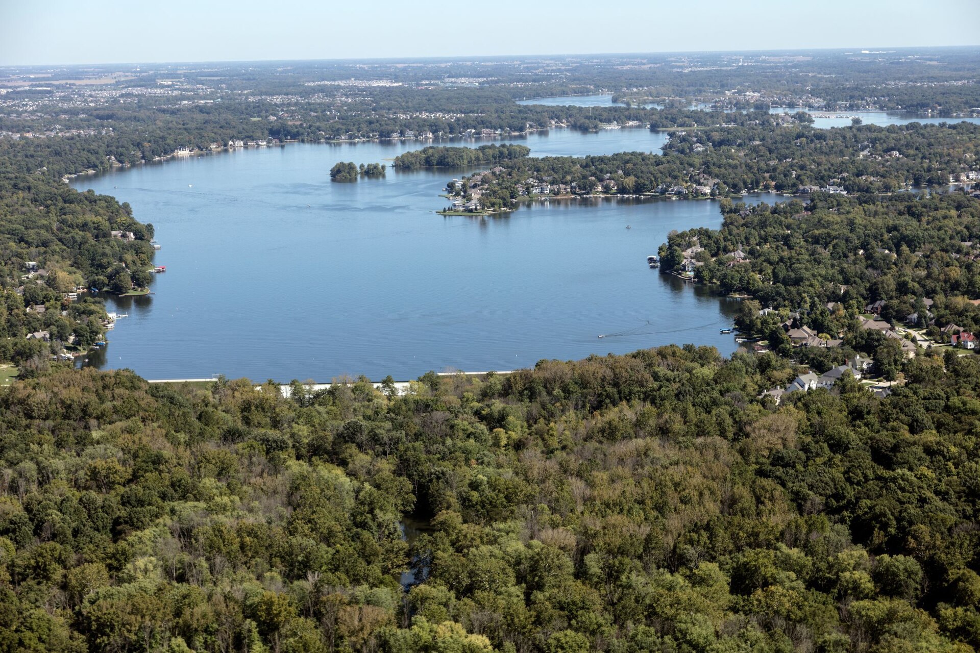 Aerial view of Geist Reservoir and surrounding homes in Indiana