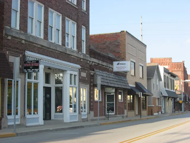 Historic storefronts along West Main Street in Greenwood, Indiana