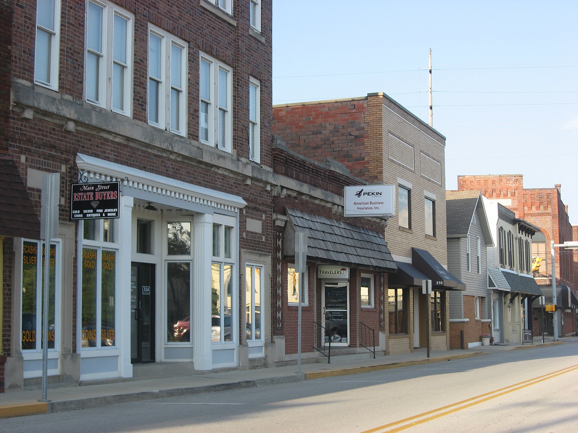 Historic storefronts along West Main Street in Greenwood, Indiana