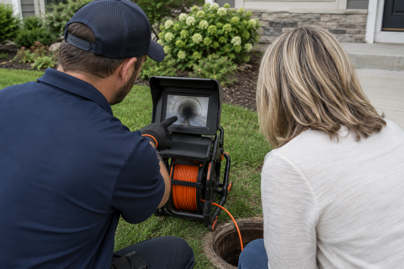 Illustrative scene of a technician reviewing a sewer camera monitor with a homeowner