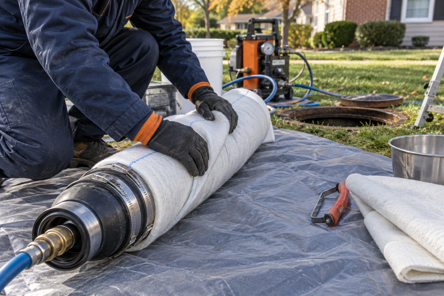Illustration of a flexible liner being prepared for trenchless pipe repair