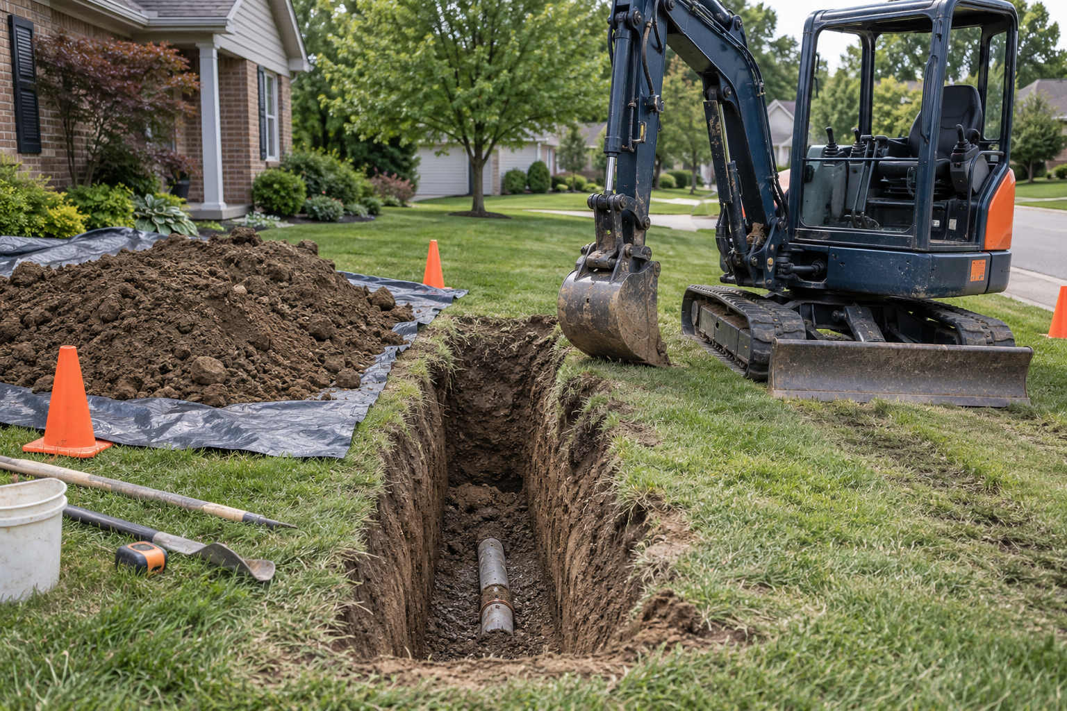 Illustration of an orderly residential sewer excavation with a compact excavator