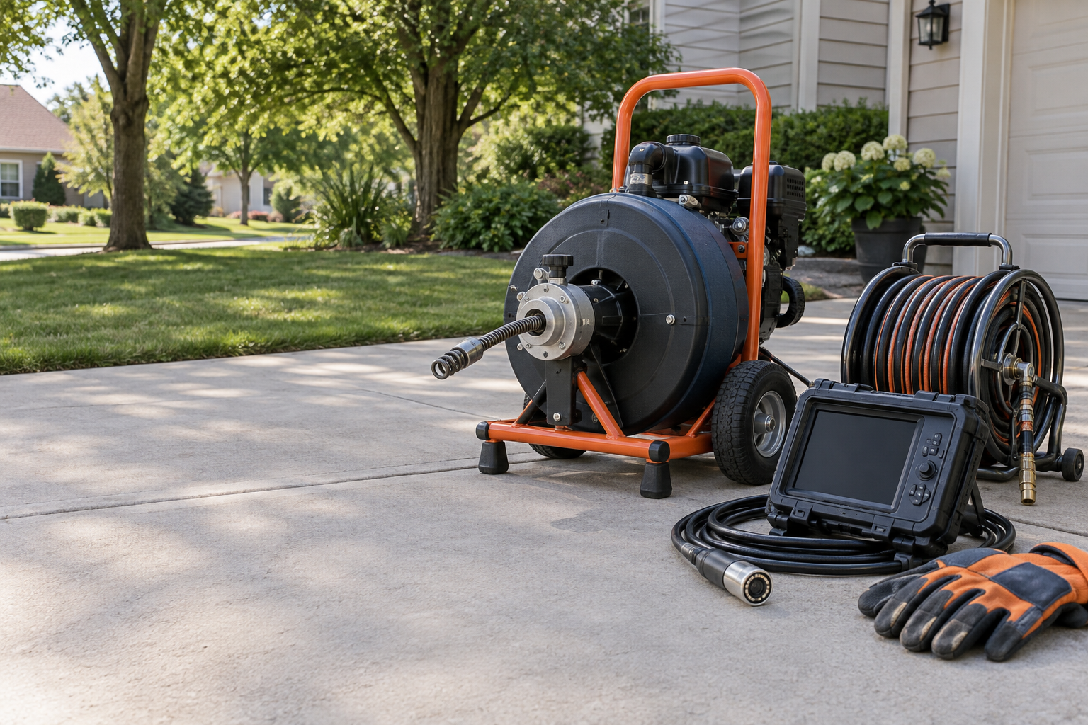 Illustration of professional drain cleaning, jetting, and camera equipment